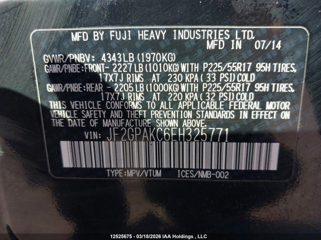 2014 Subaru Xv Crosstrek 2.0i Limited მანქანა იყიდება აუქციონზე, vin: JF2GPAKC6EH325771, აუქციონის ნომერი: 12525675