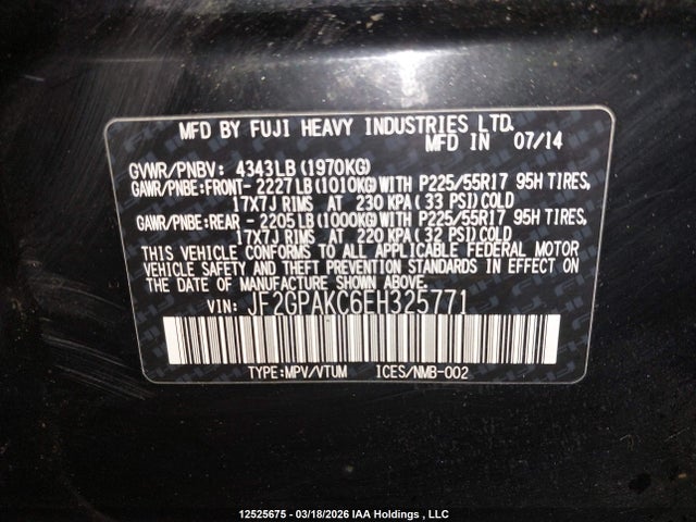 2014 Subaru Xv Crosstrek 2.0i Limited მანქანა იყიდება აუქციონზე, vin: JF2GPAKC6EH325771, აუქციონის ნომერი: 12525675