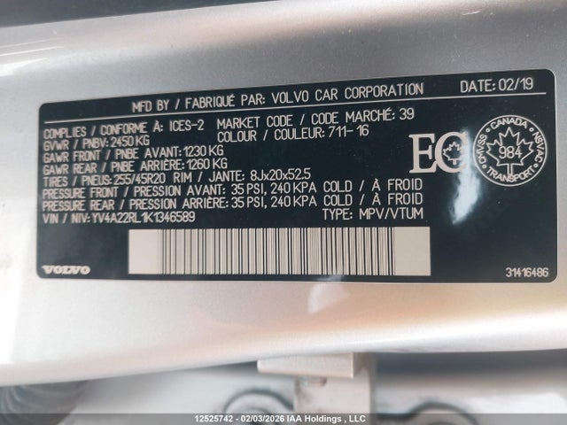 YV4A22RL1K1346589 Volvo Xc60 T6 Inscription