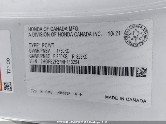 2HGFE2F27NH113254 Honda Civic Lx