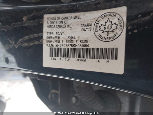Honda Civic 2019 2HGFC2F76KH025664 Image 9