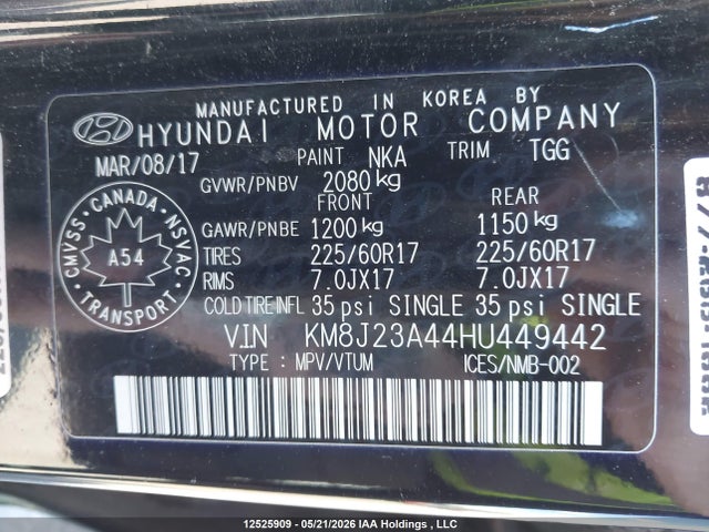 12525909 :رقم المزاد ، KM8J23A44HU449442 vin ، 2017 Hyundai Tucson Se مزاد بيع