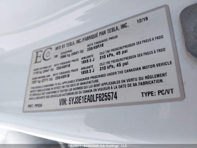 Aukcja sprzedaży 2020 Tesla Model 3, vin: 5YJ3E1EA0LF625574, numer aukcji: 12525911