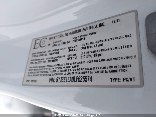 Aukcja sprzedaży 2020 Tesla Model 3, vin: 5YJ3E1EA0LF625574, numer aukcji: 12525911