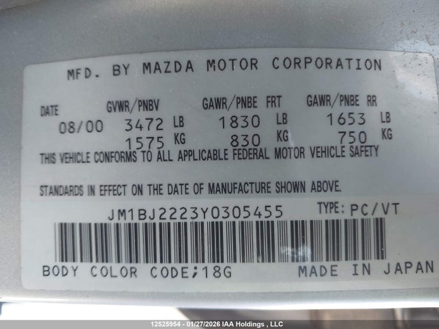 Продажа на аукционе авто 2000 Mazda Protege Dx/lx, vin: JM1BJ2223Y0305455, номер лота: 12525954
