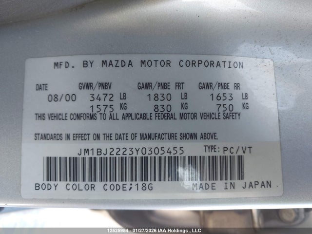 Продажа на аукционе авто 2000 Mazda Protege Dx/lx, vin: JM1BJ2223Y0305455, номер лота: 12525954