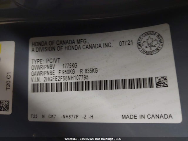 2HGFE2F58NH107795 Honda Civic Sport