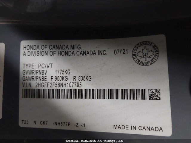 2HGFE2F58NH107795 Honda Civic Sport
