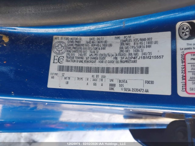 2011 Ford Fiesta Ses მანქანა იყიდება აუქციონზე, vin: 3FADP4FJ1BM215557, აუქციონის ნომერი: 12525975