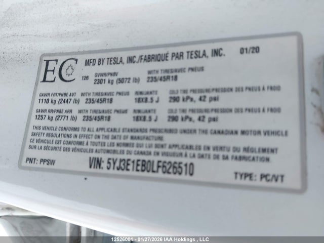 Tesla MODEL 3 2020 5YJ3E1EB0LF626510 Image 15