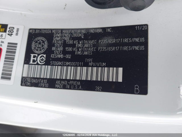 Продажа на аукционе авто 2021 Toyota Sienna, vin: 5TDGRKEC8MS007011, номер лота: 12526005