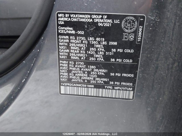 Aukcja sprzedaży 2021 Volkswagen Atlas Sel Premium R-line, vin: 1V2FR2CA0MC581888, numer aukcji: 12526007