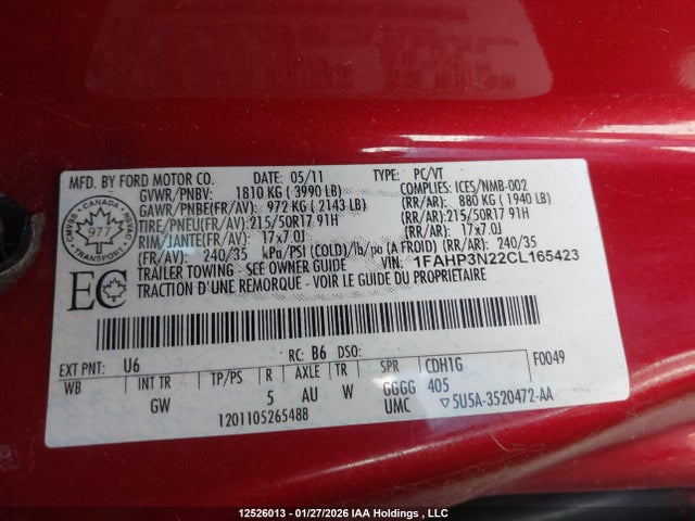 12526013 :رقم المزاد ، 1FAHP3N22CL165423 vin ، 2012 Ford Focus Titanium مزاد بيع
