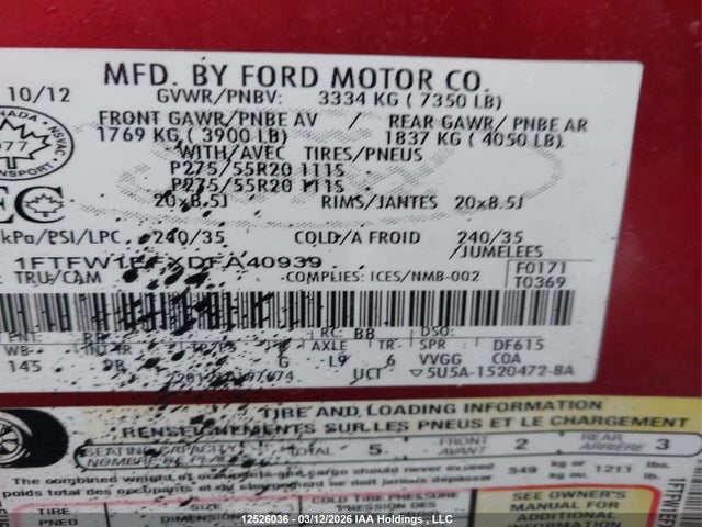 Продаж на аукціоні авто 2013 Ford F-150, vin: 1FTFW1EFXDFA40939, номер лоту: 12526036