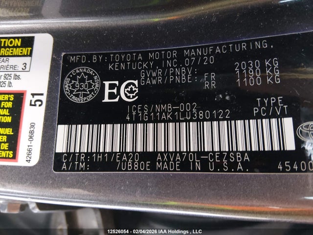 4T1G11AK1LU380122 Toyota Camry