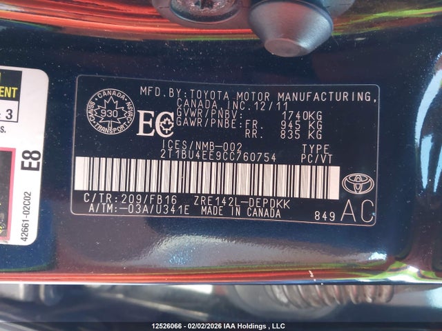 Aukcja sprzedaży 2012 Toyota Corolla, vin: 2T1BU4EE9CC760754, numer aukcji: 12526066