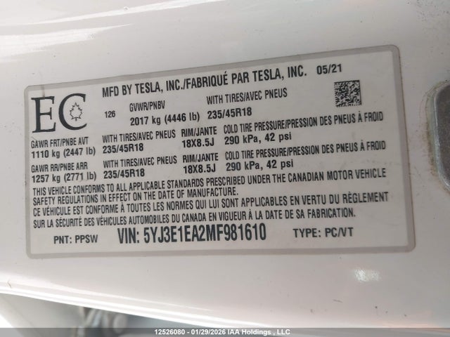 5YJ3E1EA2MF981610 Tesla Model 3 Standard Range/standard Range Plus