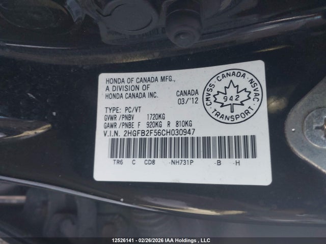 Продаж на аукціоні авто 2012 Honda Civic Ex, vin: 2HGFB2F56CH030947, номер лоту: 12526141