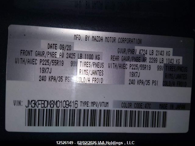 12526149 :رقم المزاد ، JM3KFBDM8M0109416 vin ، 2021 Mazda Cx-5 Gt مزاد بيع