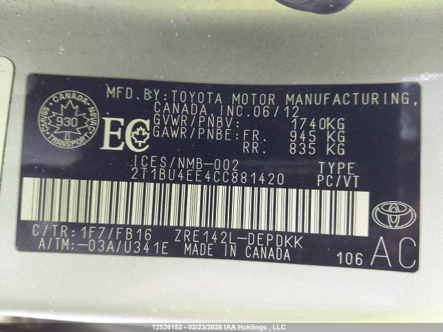 12526152 :رقم المزاد ، 2T1BU4EE4CC881420 vin ، 2012 Toyota Corolla Ce مزاد بيع