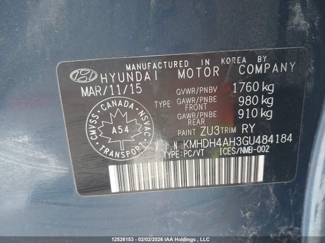 KMHDH4AH3GU484184 Hyundai Elantra Gls
