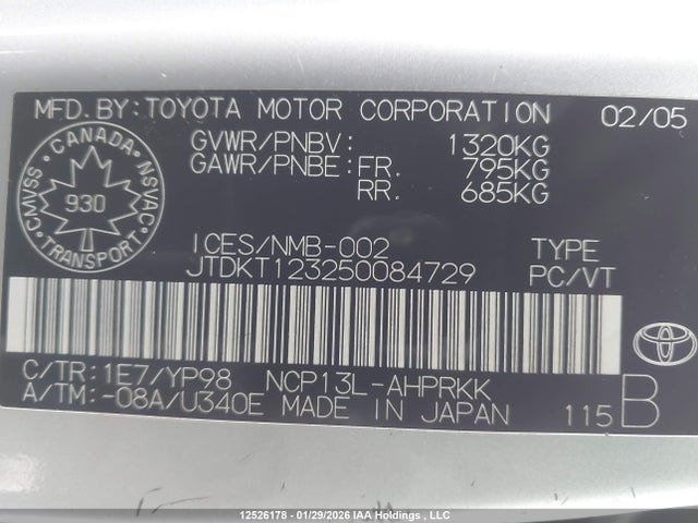 12526178 :رقم المزاد ، JTDKT123250084729 vin ، 2005 Toyota Echo مزاد بيع