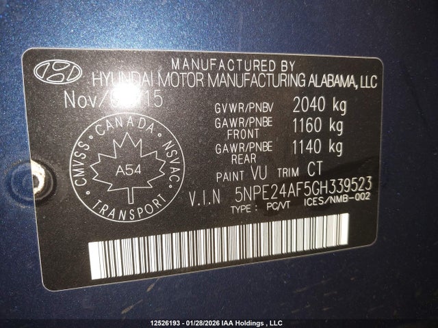 5NPE24AF5GH339523 Hyundai SONATA SE