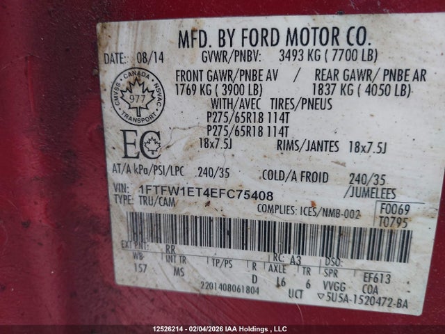 Aukcja sprzedaży 2014 Ford F150 Supercrew, vin: 1FTFW1ET4EFC75408, numer aukcji: 12526214