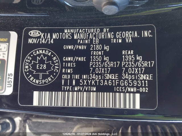 5XYKT3A61FG659311 KIA SORENTO LX