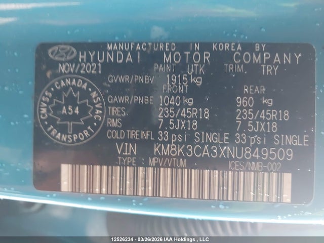 KM8K3CA3XNU849509 Hyundai Kona N Line