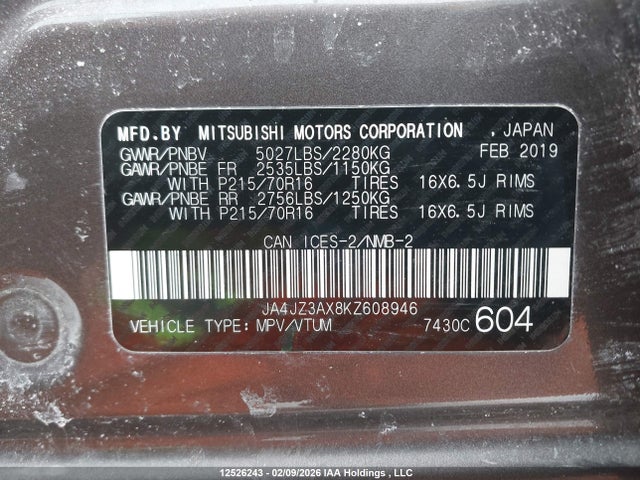 JA4JZ3AX8KZ608946 Mitsubishi Outlander Se/sel/le