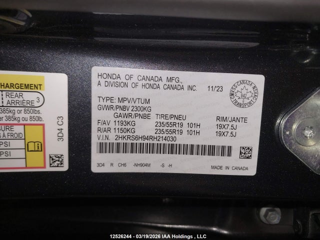 12526244 :رقم المزاد ، 2HKRS6H94RH214030 vin ، 2024 Honda Cr-v Sport Touring مزاد بيع
