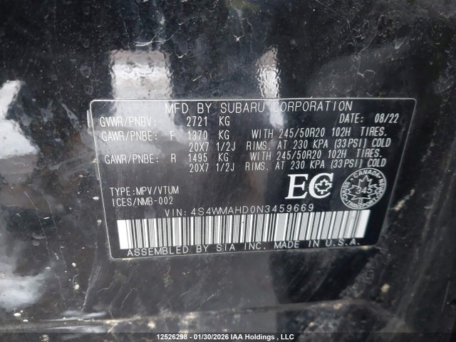 4S4WMAHD0N3459669 Subaru Ascent Onyx