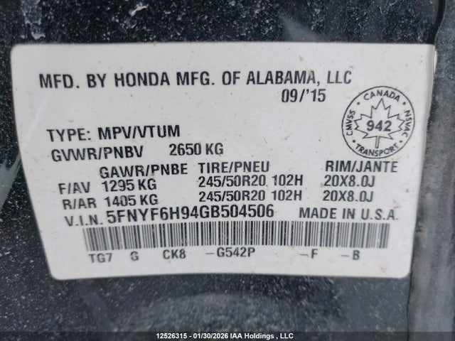 5FNYF6H94GB504506 Honda Pilot Touring