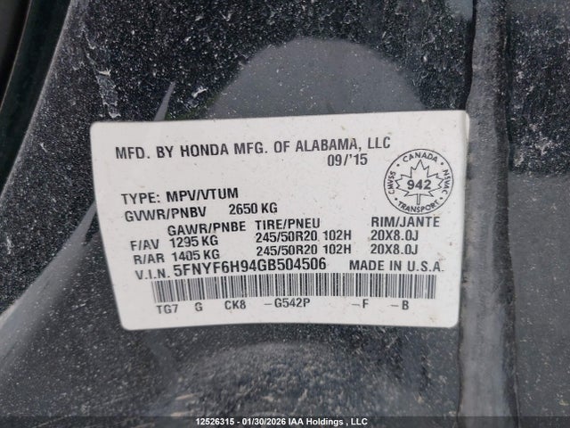 5FNYF6H94GB504506 Honda Pilot Touring