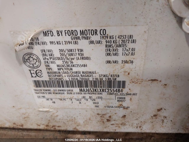 Aukcja sprzedaży 2019 Ford Ecosport Titanium, vin: MAJ6S3KLXKC255484, numer aukcji: 12509224