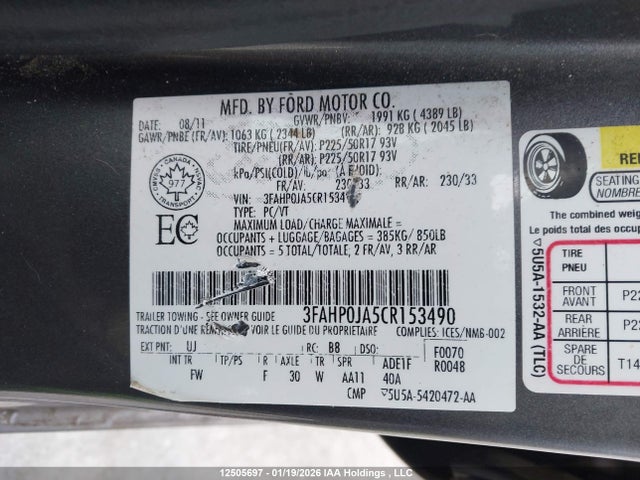 2012 Ford Fusion Sel მანქანა იყიდება აუქციონზე, vin: 3FAHP0JA5CR153490, აუქციონის ნომერი: 12505697