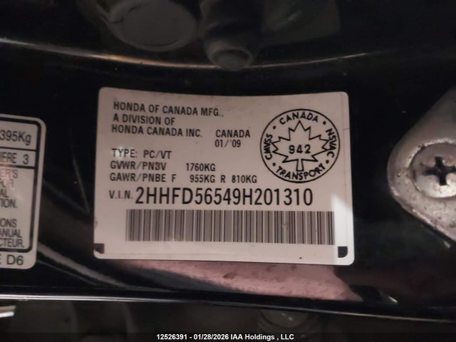 Aukcja sprzedaży 2009 Acura Csx, vin: 2HHFD56549H201310, numer aukcji: 12526391