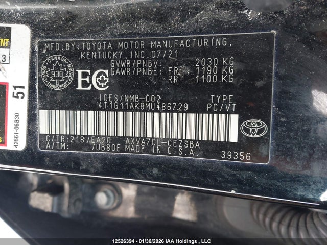 4T1G11AK8MU486729 Toyota CAMRY SE