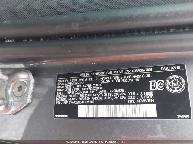 YV4A22RL4K1351012 Volvo Xc60 T6 Inscription
