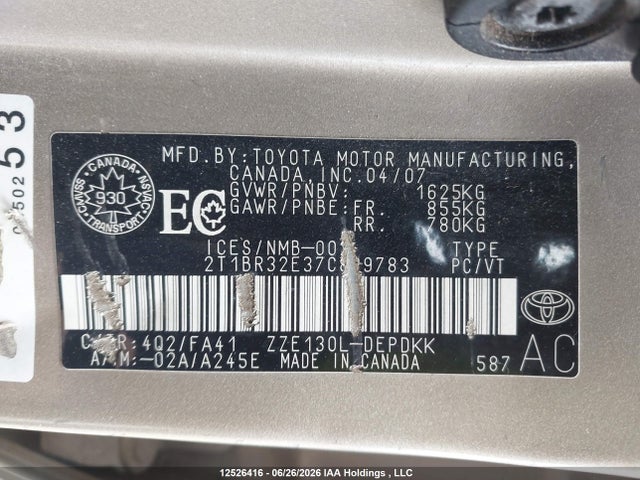 12526416 :رقم المزاد ، 2T1BR32E37C829783 vin ، 2007 Toyota Corolla Ce/le/sport مزاد بيع