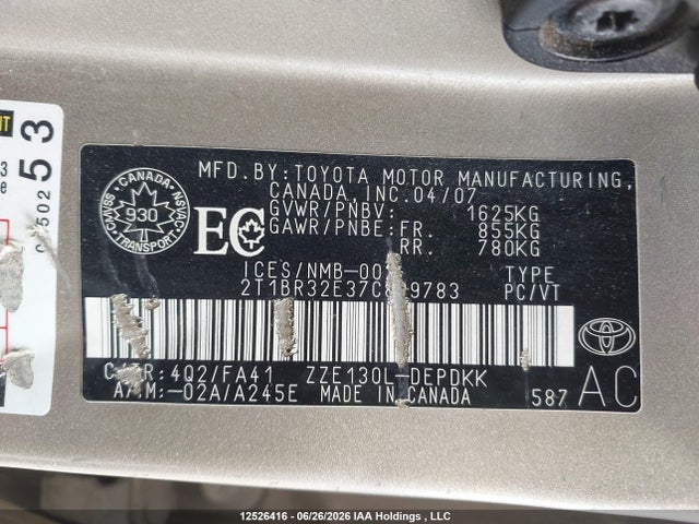 12526416 :رقم المزاد ، 2T1BR32E37C829783 vin ، 2007 Toyota Corolla Ce/le/sport مزاد بيع