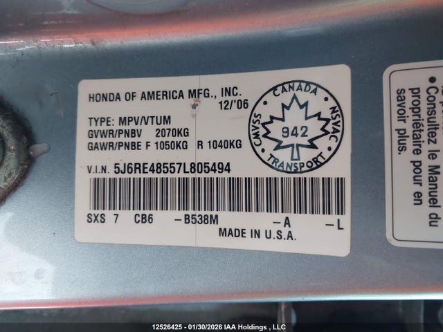12526425 :رقم المزاد ، 5J6RE48557L805494 vin ، 2007 Honda Cr-v Ex مزاد بيع