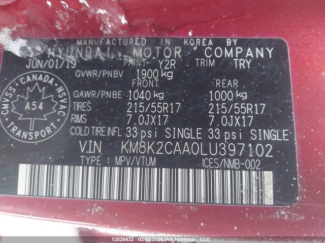 Aukcja sprzedaży 2020 Hyundai Kona Preferred Awd, vin: KM8K2CAA0LU397102, numer aukcji: 12526432