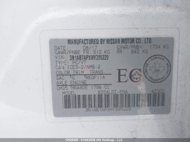 3N1AB7APXHY395229 Nissan Sentra 1.8 S/1.8 Sl/1.8 Sv
