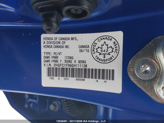 Aukcja sprzedaży 2016 Honda Civic Touring, vin: 2HGFC1F96GH111138, numer aukcji: 12526481