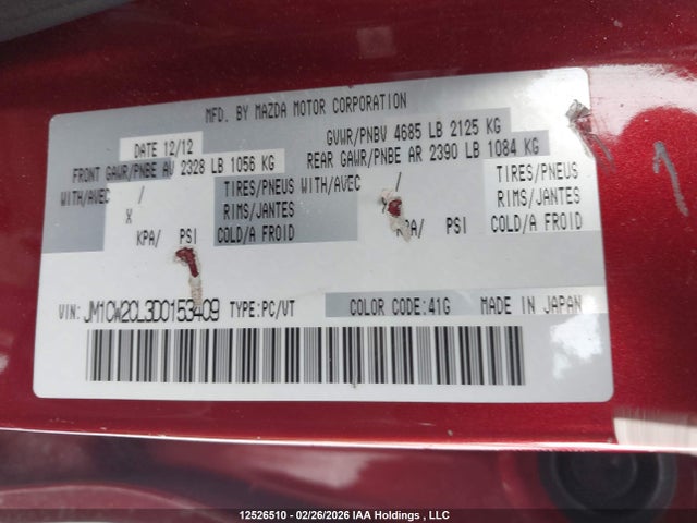 Aukcja sprzedaży 2013 Mazda Mazda5, vin: JM1CW2CL3D0153409, numer aukcji: 12526510