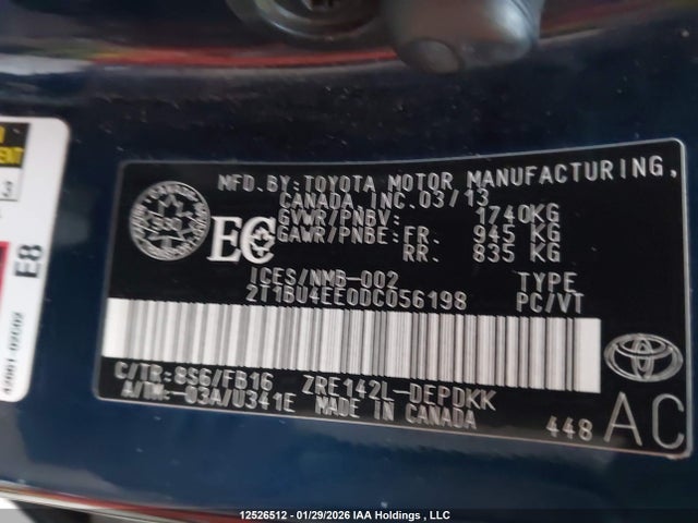 12526512 :رقم المزاد ، 2T1BU4EE0DC056198 vin ، 2013 Toyota Corolla S/le مزاد بيع