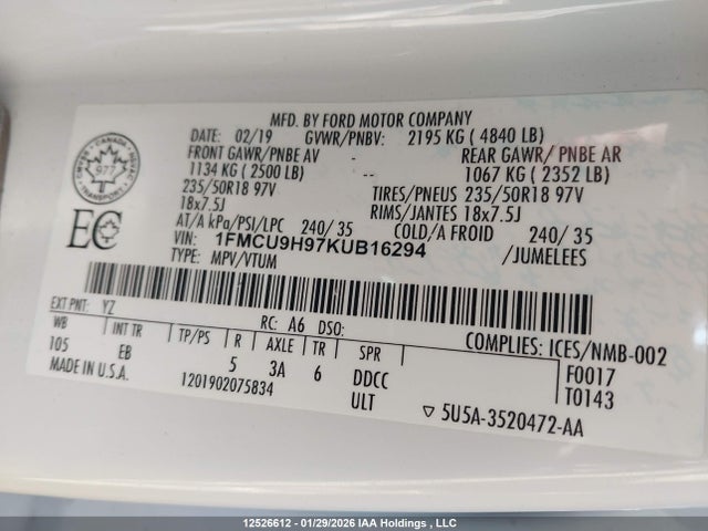 1FMCU9H97KUB16294 Ford ESCAPE SEL