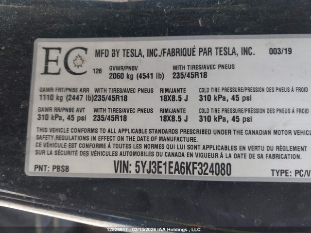 5YJ3E1EA6KF324080 Tesla MODEL 3